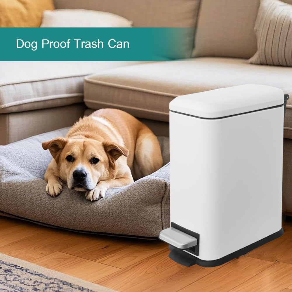Small Bathroom Trash Can with Lid, 1.3 Gal, Soft Close, White