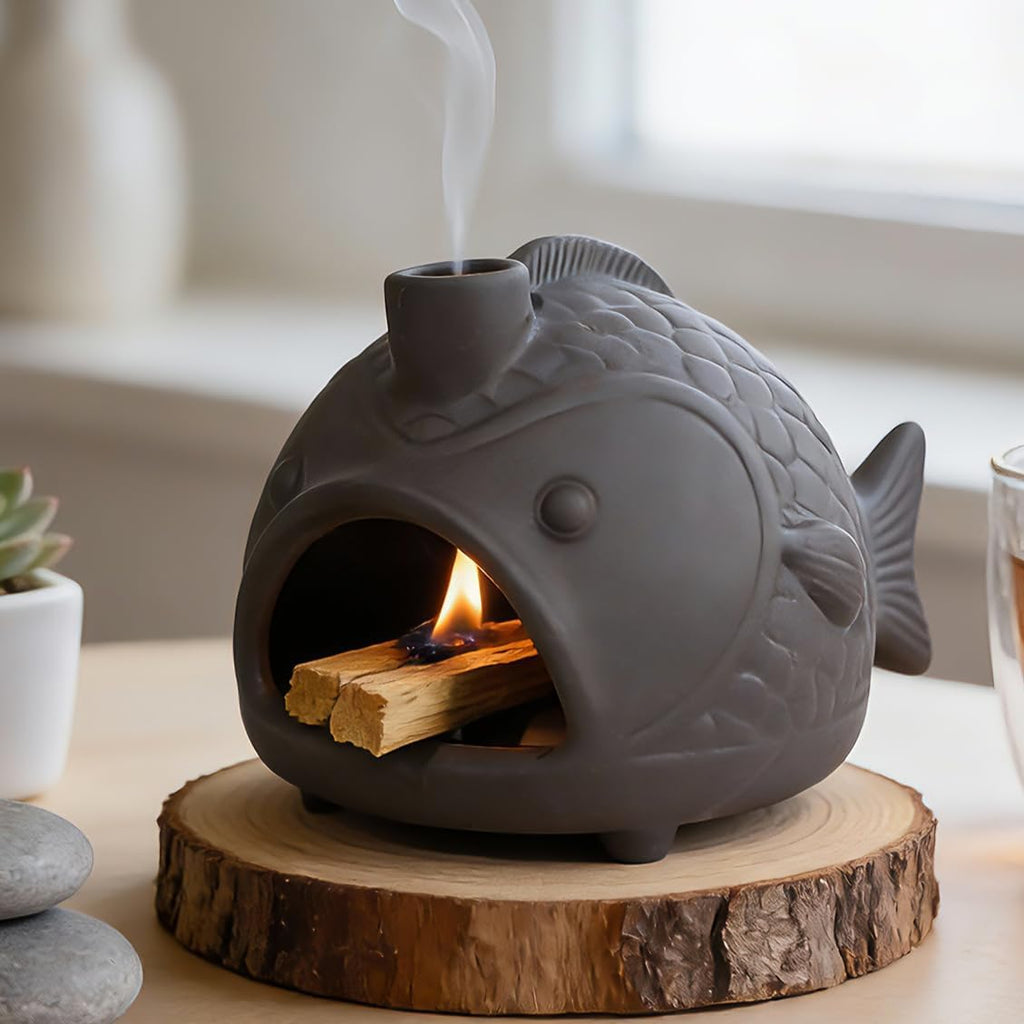 Black Fish-Shaped Palo Santo Holder, Decorative Sage Burner with Chimney