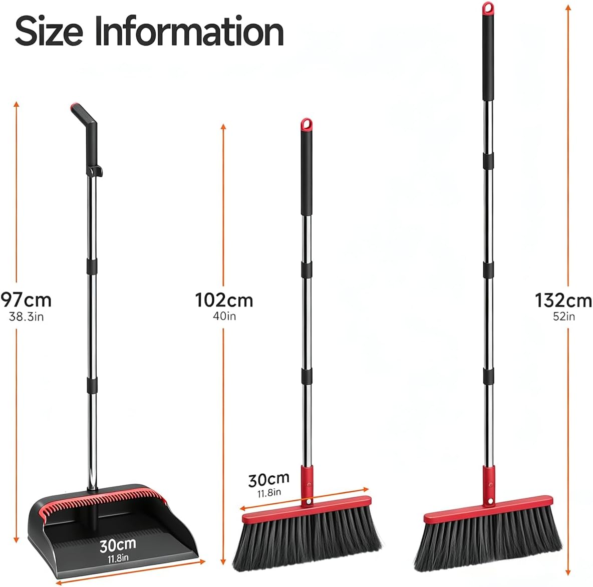 Broom and Dustpan Set, 52" Long Handle with Dust Pan Teeth, Red