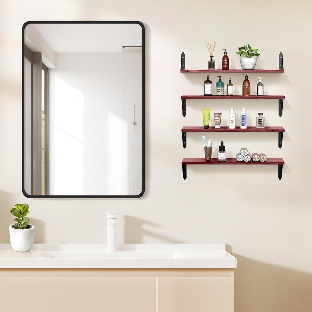 ROMGUAR CRAFT Wood Wall Floating Shelves Set of 4, 23.6" x 6" - Red