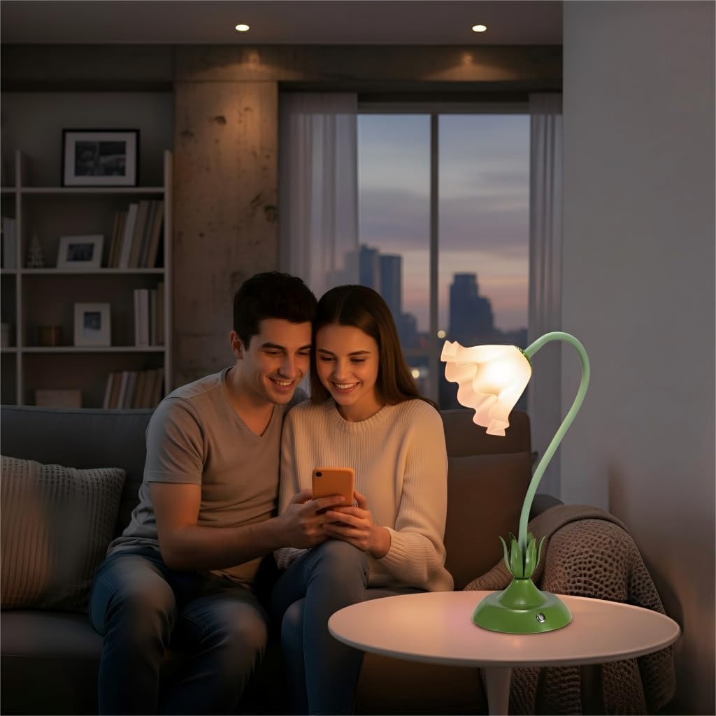 Cordless Flower Table Lamp Green, Valentine‘s Gift, 5200-mAh Rechargeable Touch Lamp, 3-Way Dimmable, Build-in Integrated LED 320 Lumen Max, for Nightstand Bedroom Living Room
