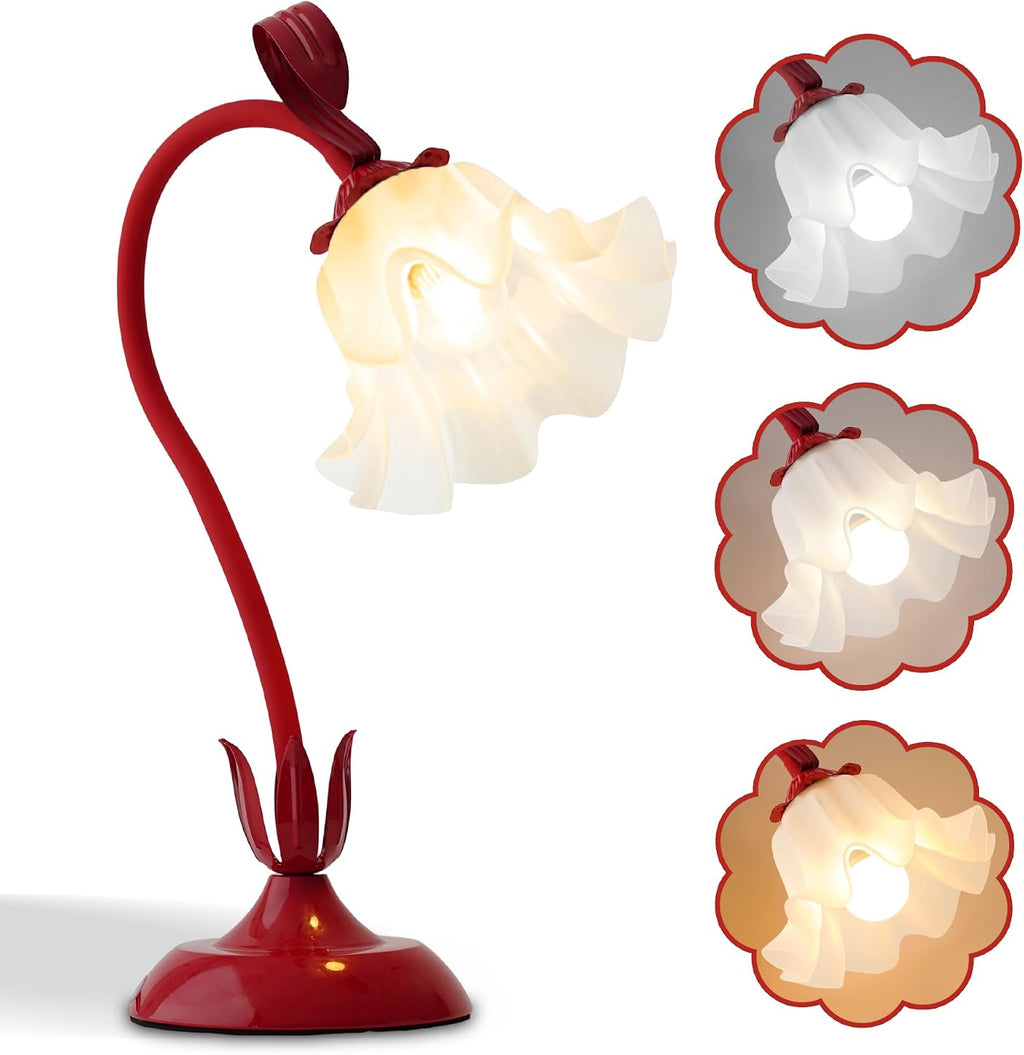 Flower Table Lamp, LED Reading Light Bedside Vintage Night Light (Red)