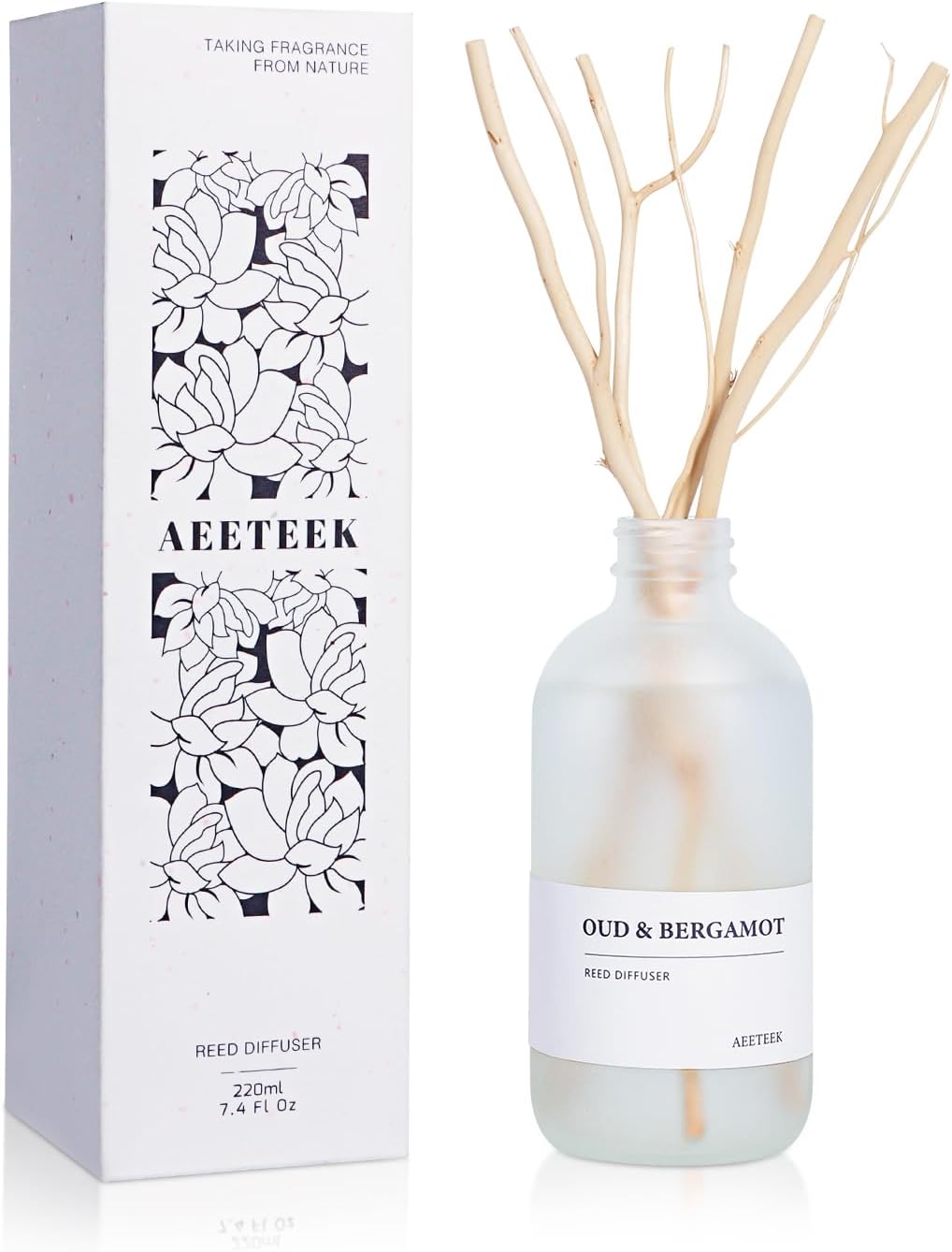 Oud Bergamot Reed Diffuser, 7.4oz(220ml) Orange & Cedar Wood Essential Oils, Air Freshener for Bathroom with Willow Branches Decor, Long Lasting Fragrance for Home, Office (1-Pack)