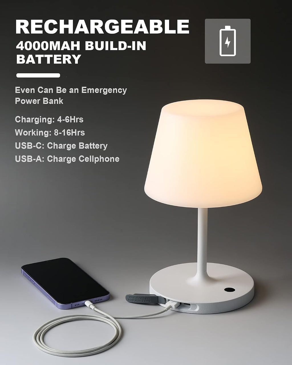 WEILAILUX Outdoor Battery Operated Table Lamp Waterproof, 4000mAh Cordless Table Lamp Rechargeable, Touch Dimmable Desk Lamp, LED Night Light for Patio Camping Restaurant Home, H9.6in, White