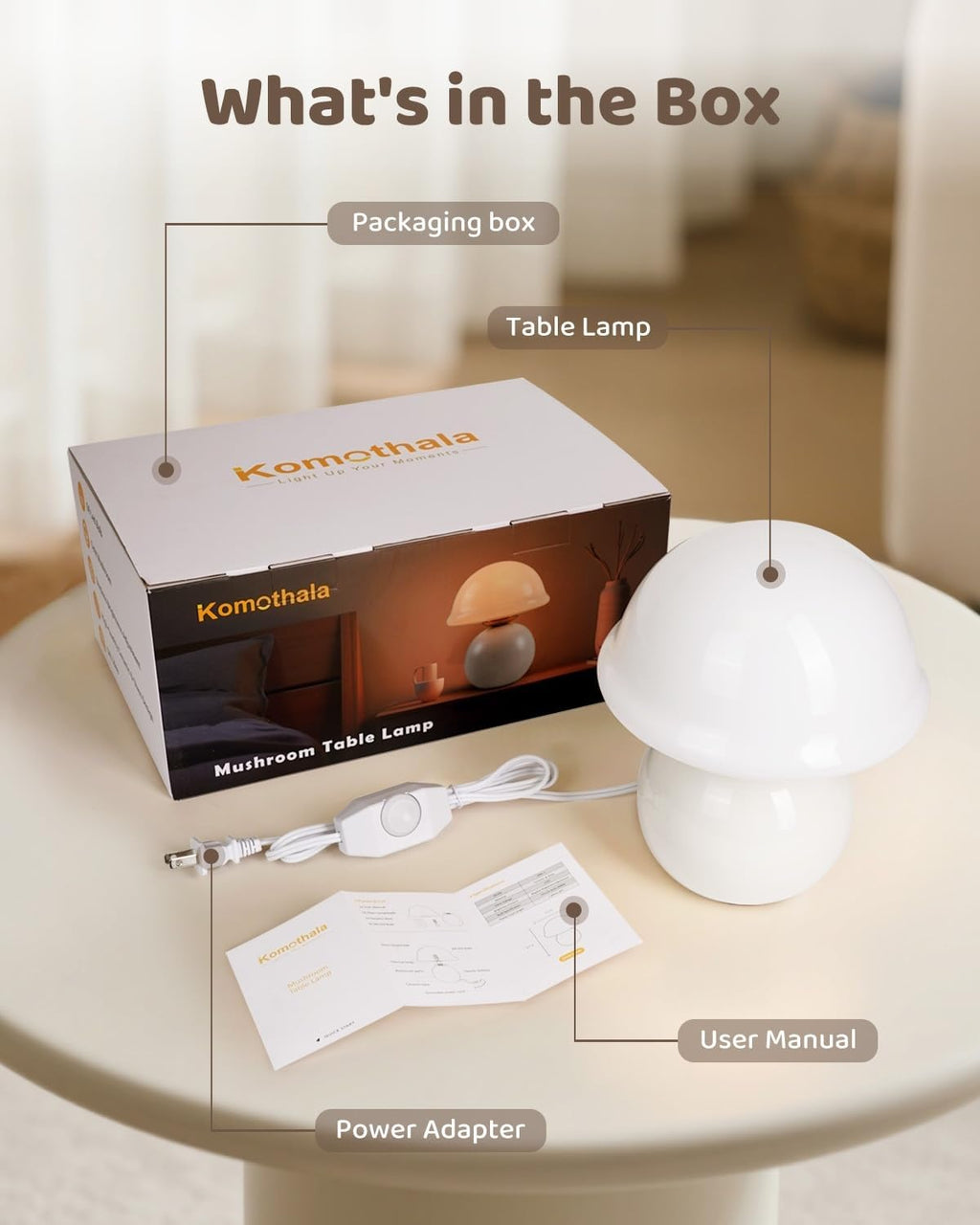 Glass Mushroom Lamp, Dimmable Bedside Table Lamp (White)