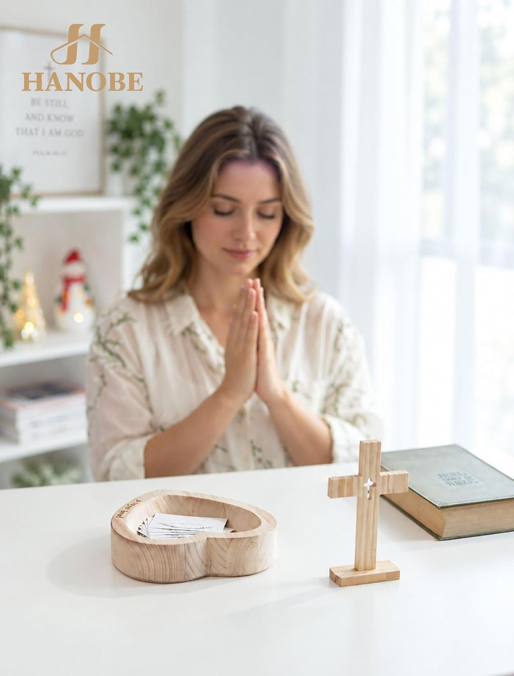 Hanobe Wooden Heart-Shaped Prayer Bowl with Cross Engraved & 25 Cards Sets