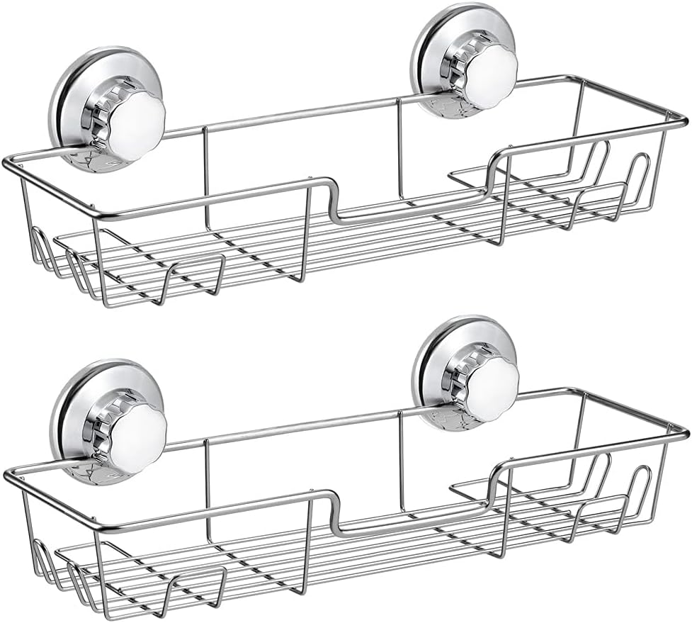 iPEGTOP Strong Suction Cup Shower Caddy Bath Shelf Storage with 4 Side Hooks, Combo Organizer Basket for Shampoo, Conditioner, Soap, Razor Bathroom Accessories, Chrome, 2 Count