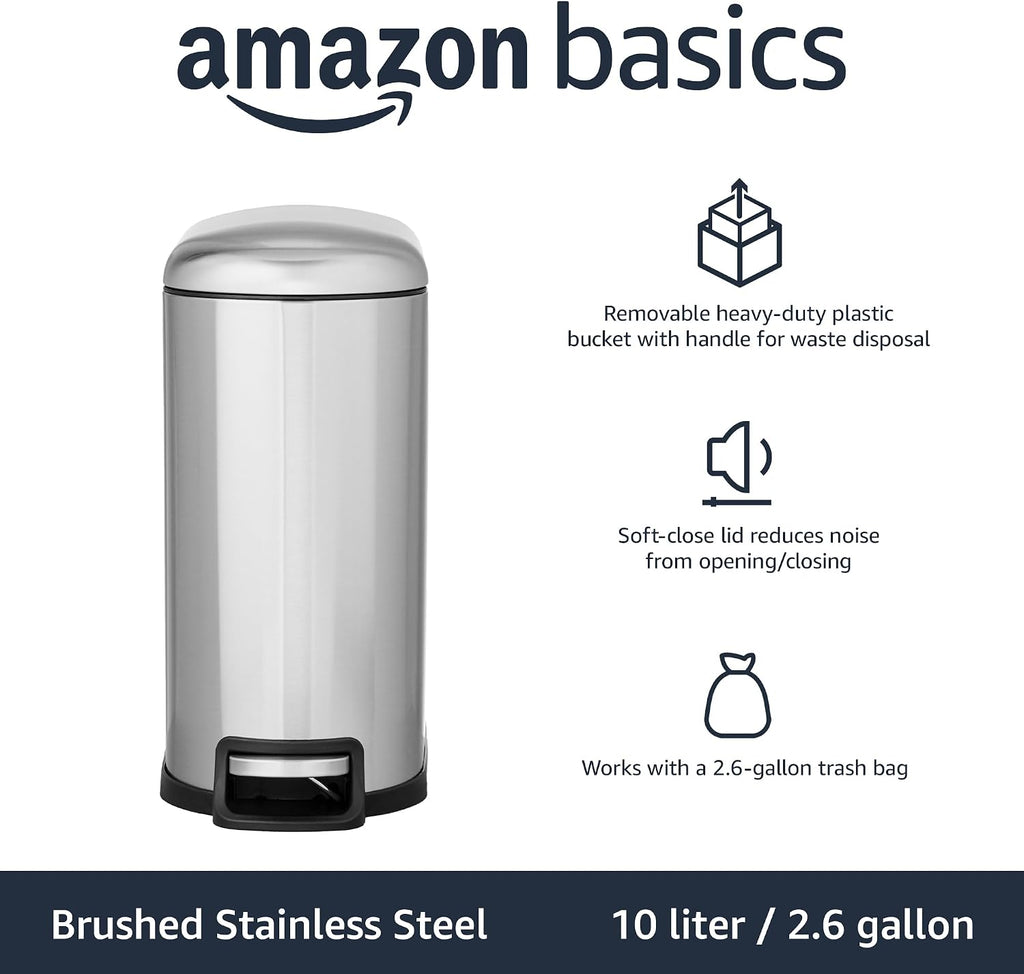 Amazon Basics D-Shaped Small Trash Can with Soft-Close Step Pedal, Removable Inner Bucket, Carrying Handle, Smudge Resistant, 10 l / 2.6 gallon, Silver