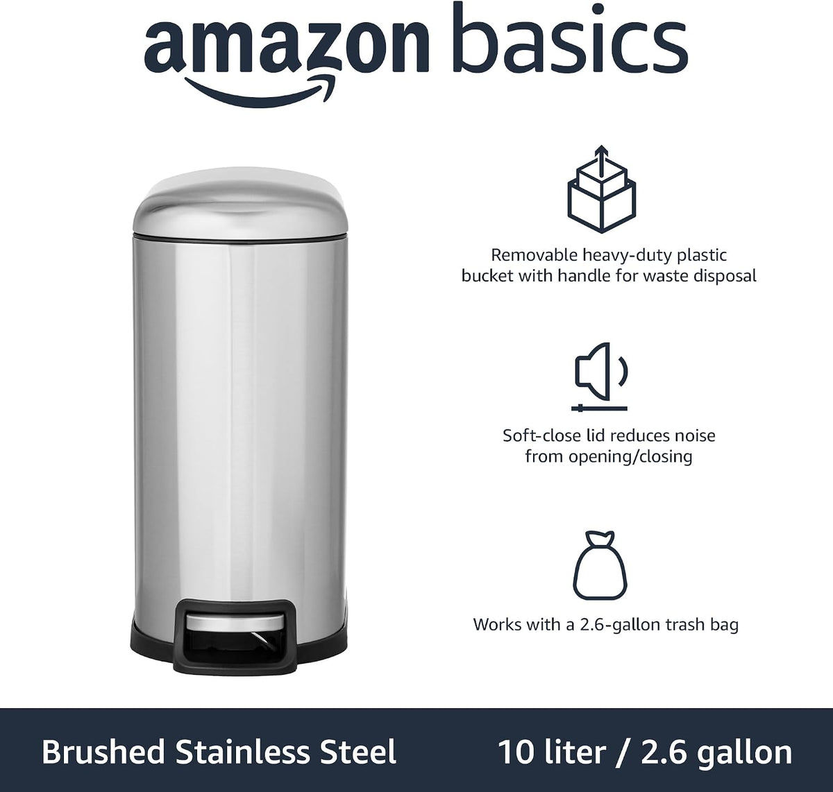 Amazon Basics D-Shaped Small Trash Can with Soft-Close Step Pedal, Removable Inner Bucket, Carrying Handle, Smudge Resistant, 10 l / 2.6 gallon, Silver