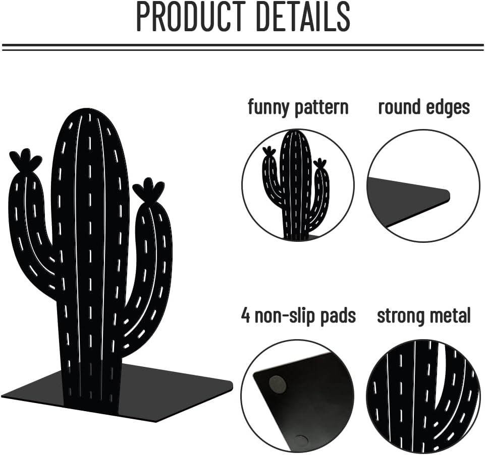 WADORN Cactus Metal Bookends for Shelves Decorative 1 Pair, Cactus Plant Heavy Duty Books End Support Non-Skid Book Holder Black L-Shaped Book Stopper for Home Office Desk Book Divider, 4.7x3.5x7 Inch