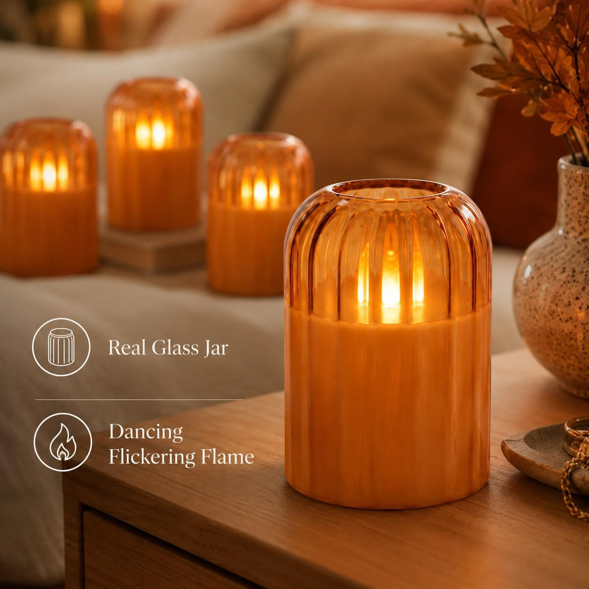 Fall Decorations for Home, Orange Glass Flameless Candles with Remote & Timer, Set of 4 Real Wax LED Pillar Candles with Dancing Flickering Flame, 3" x 4"/5", Halloween Thanksgiving Christmas Decor