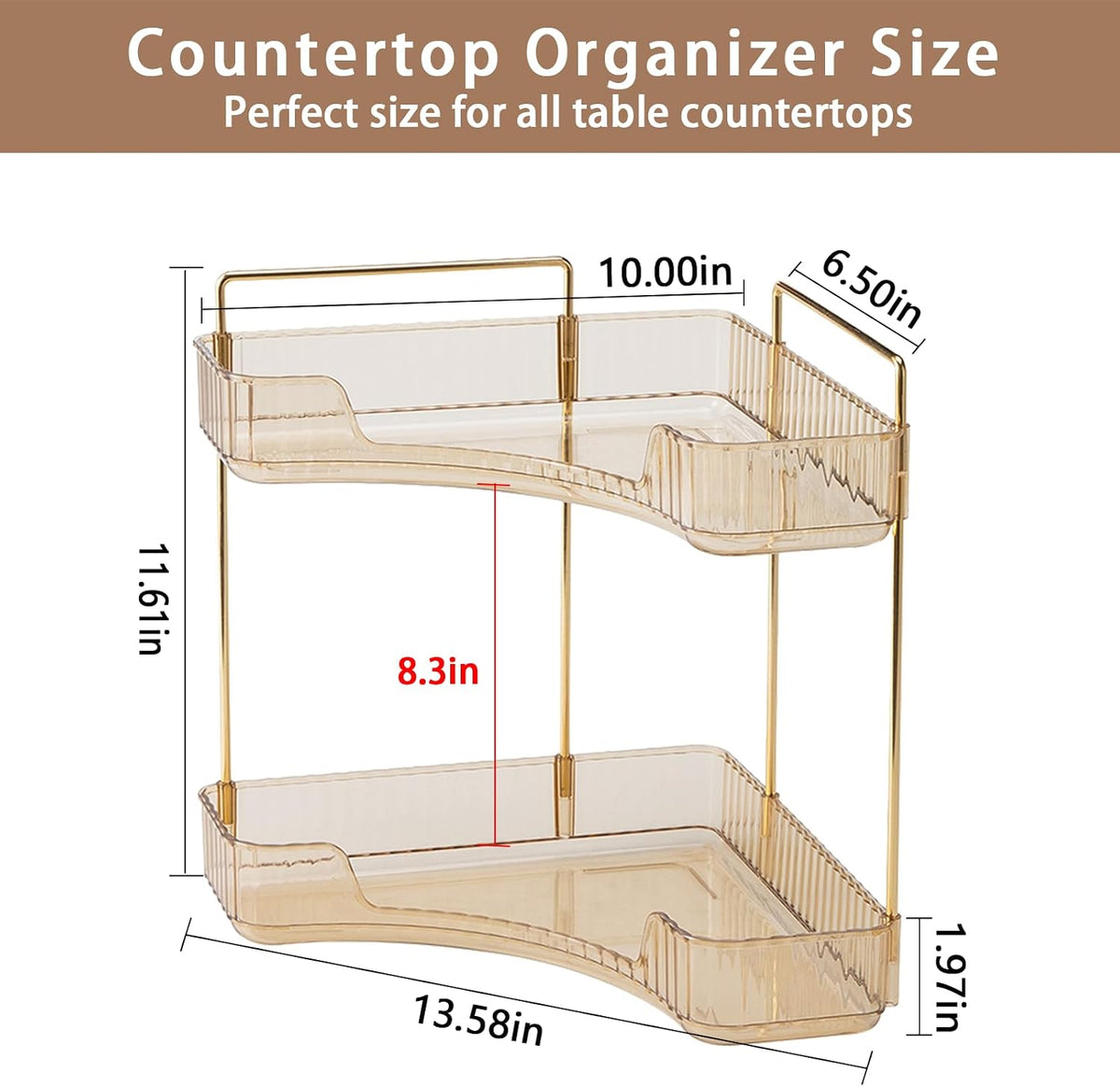 shuang qing 2-Tier Corner Bathroom Counter Organizer – Classic Storage Shelf for Makeup, Perfume & Toiletries, Space-Saving Countertop Tray Fits Bathroom, Dresser, Kitchen (Vintage Gold)