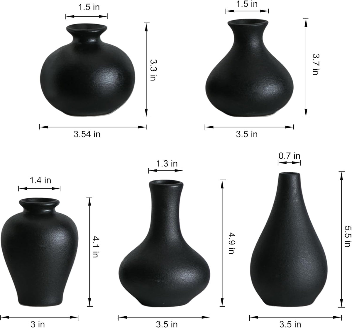 Small Ceramic Vase Set of 5, Black Bud Vase with Boho Decorative Design for Fireplace, Entryway & Living Room Centerpiece