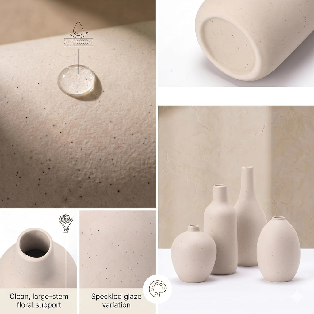 Ceramic Vase Set of 4 – Modern Farmhouse Decorative Vases for Home Decor, Minimalist Matte Pottery Vases for Flowers, Pampas Grass, Table Centerpiece, Mantel, Shelf & Entryway (Beige)