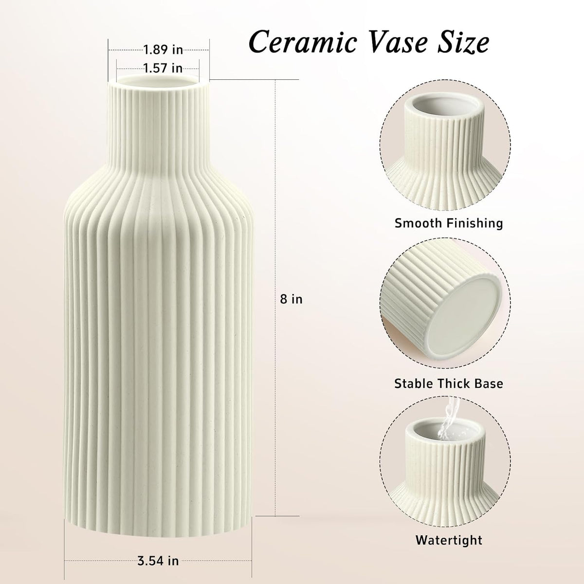 Ceramic Flower Vase, Minimalist Modern Home Decor, Matte Finish Pampas Grass Vase for Table, Fireplace, Shelf, Mantel, Entryway and Centerpieces (Off White)