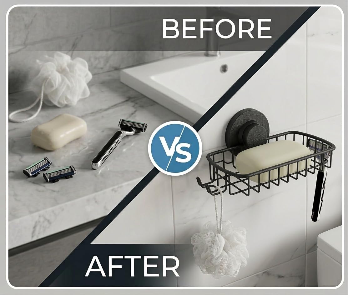 Soap Dish for Shower Suction Cup Powerful Vacuum System Rustproof 304 Stainless Steel Basket Sponges Holder with Razor Hooks for Bathroom or Kitchen Soap Holder (Black)