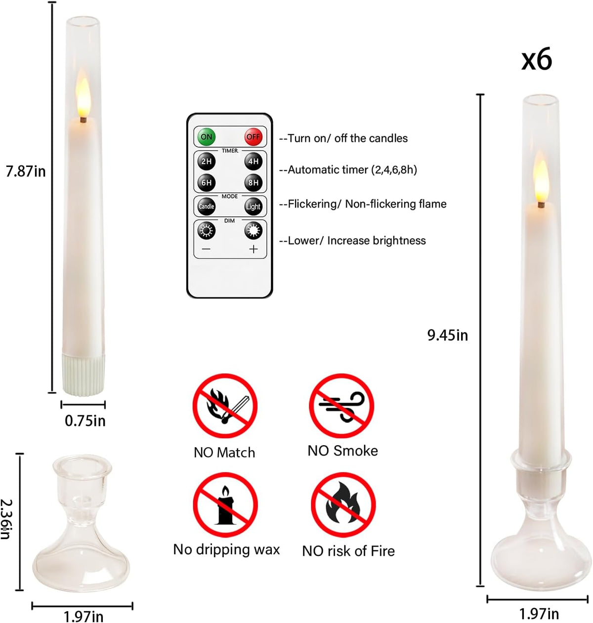 MUMCHASI White Flameless Candles, Battery Operated Taper Candles for Wedding, 6 Pcs LED Candlesticks, Acrylic Flickering Candlelights with Remote for Home Table Wedding Party Decor H9.45”