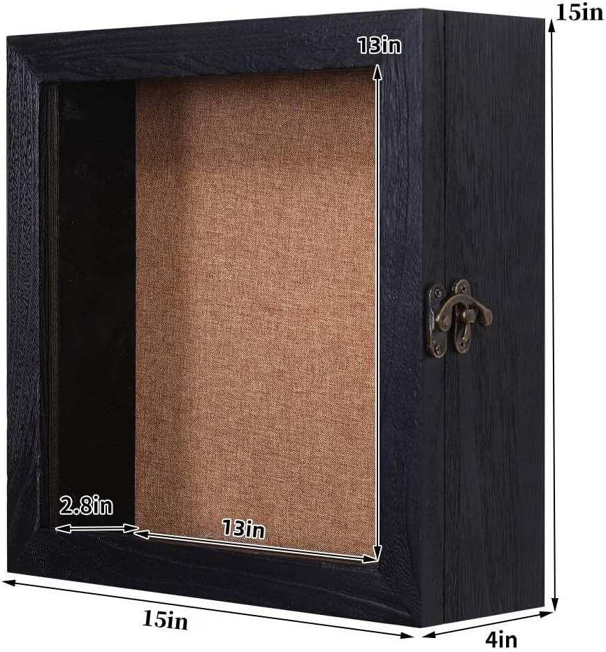 15x15 Extra Deep Large Shadow Box, 4-Inch Exterior Depth, Solid Wood, Black