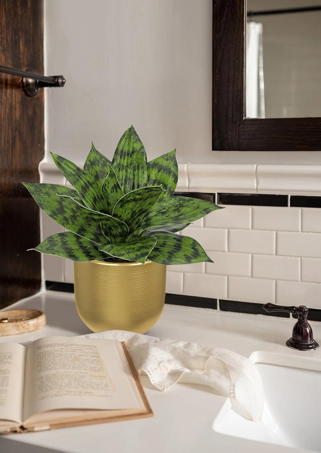 Hollyone Artificial Snake Plants 9" Faux Agave Succulent Plant Potted in Gold Pot Fake Sansevieria Aloe Tropical Plant for Desk Modern Office Home Bathroom Indoor Outdoor Decor