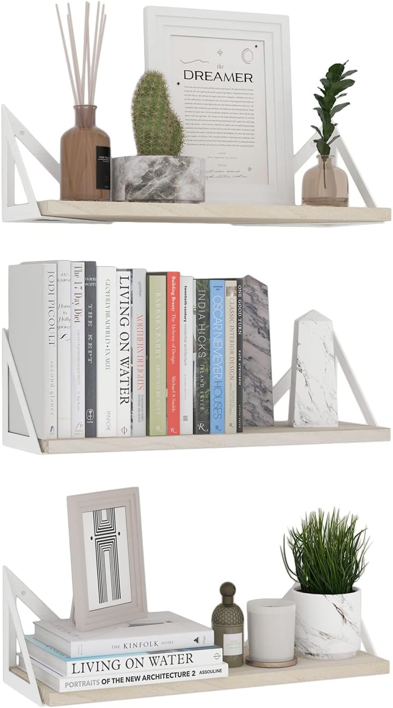 Wallniture Minori Floating Shelves for Wall Storage, Floating Bookshelf Set of 3, Bathroom and Kitchen Organizer Natural Wood Wall Shelves with White Brackets