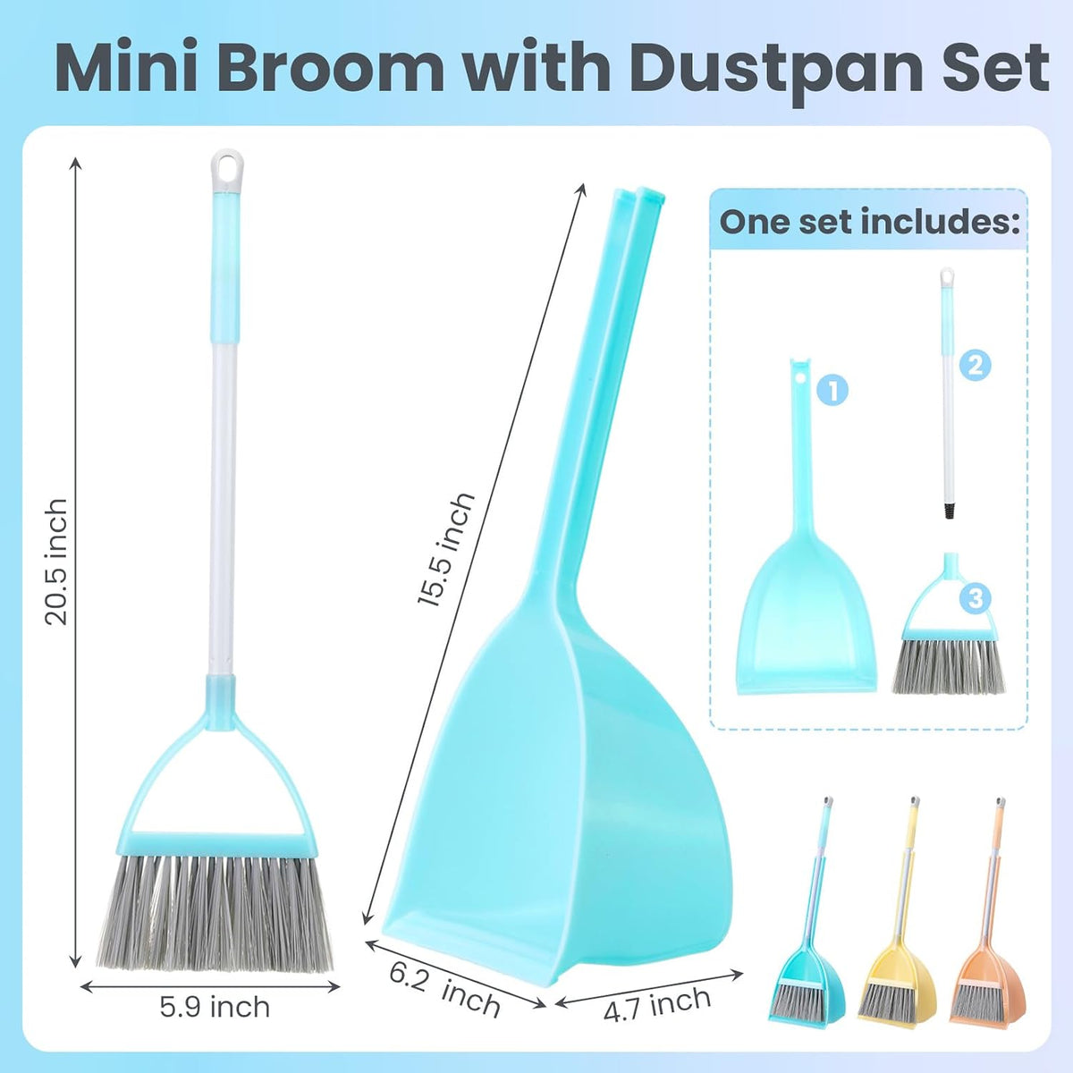 Roshtia 3 Pcs Mini Broom and Dustpan Set for Kids,Yellow, Red, Green