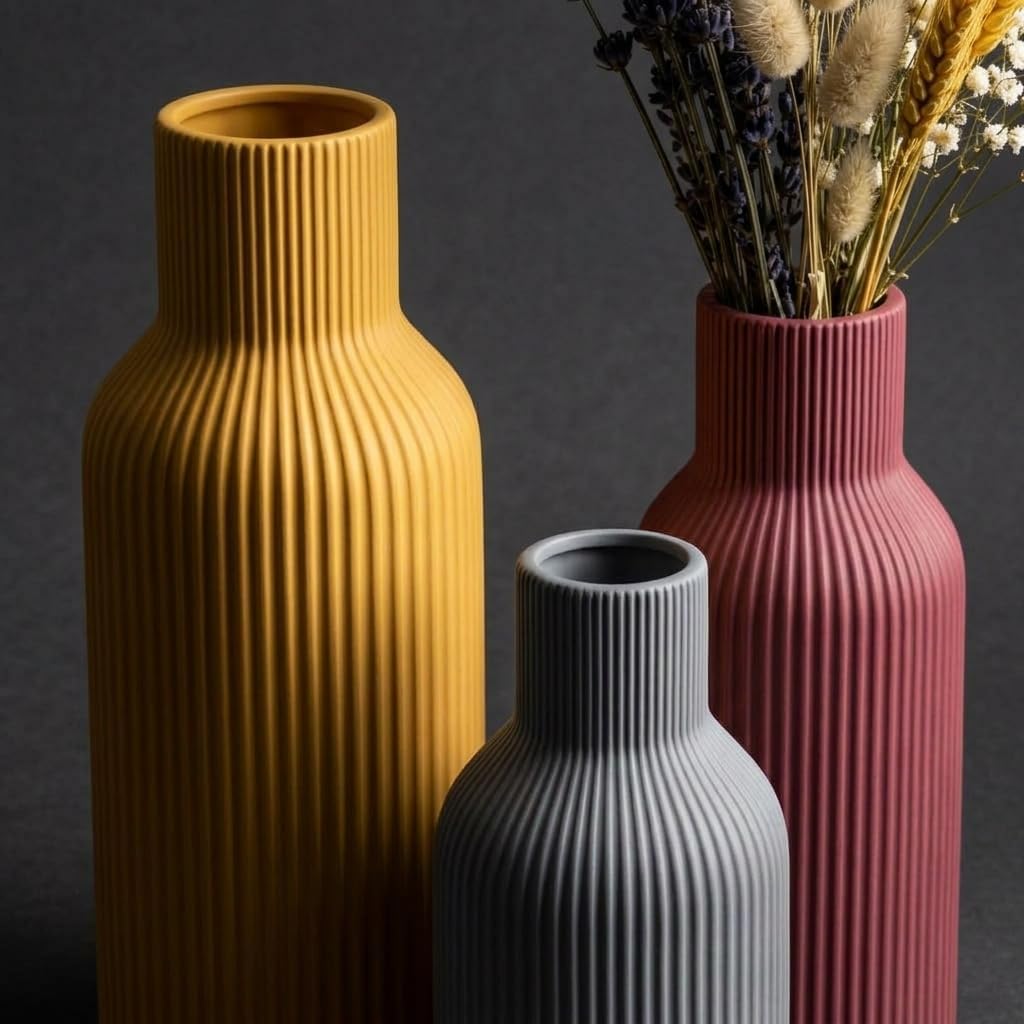 Colorful Ceramic Vases Set of 3, Matte Vertical Ribbed, Minimalist for Pampas Grass &Fresh Flowers, Centerpiece for Living Room,Shelf,Wedding (Mustard Yellow, Dusty Gray, Burgundy)