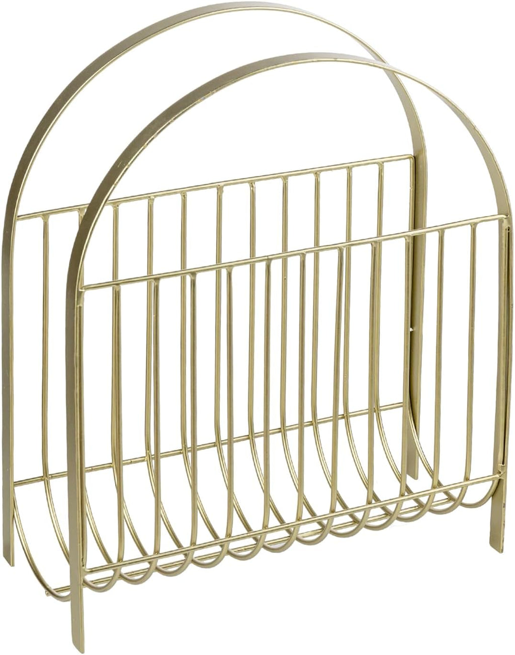 MyGift Deluxe Mid Century Brass Tone Metal Wire Magazine Holder Rack, Table or Floor Display Newspaper Stand Storage Sling for Magazines and Vinyl Record Albums