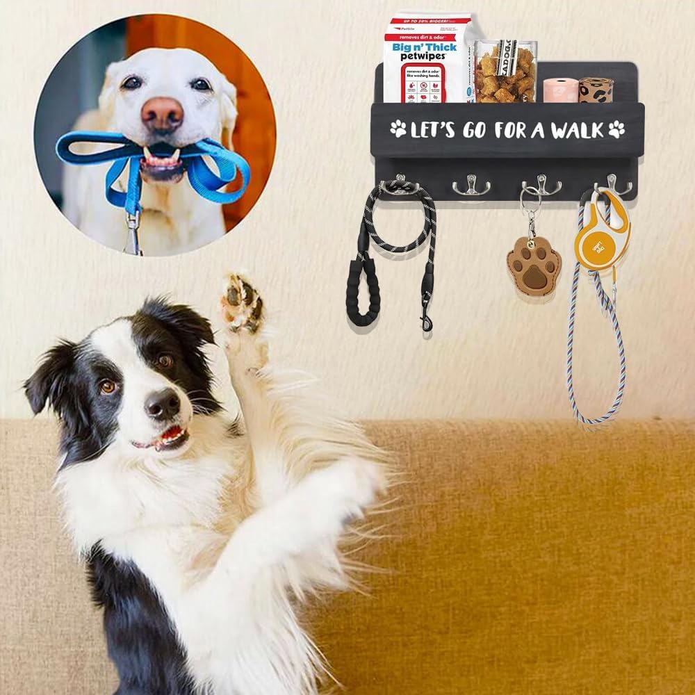 Wood Dog Leash Holder for Wall, with 4 Double Key Hooks