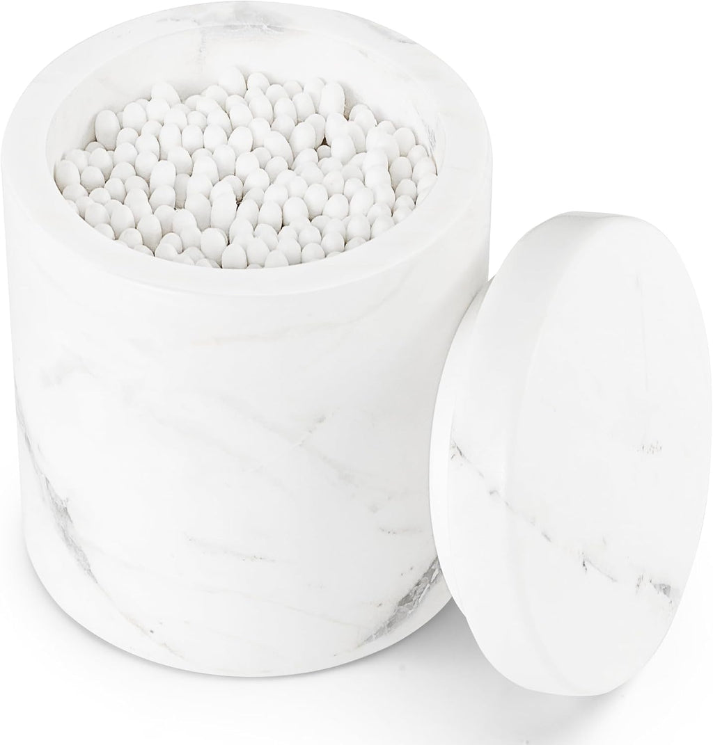 Natural Marble Canister, Qtip Holder With Lid For Cotton Swabs