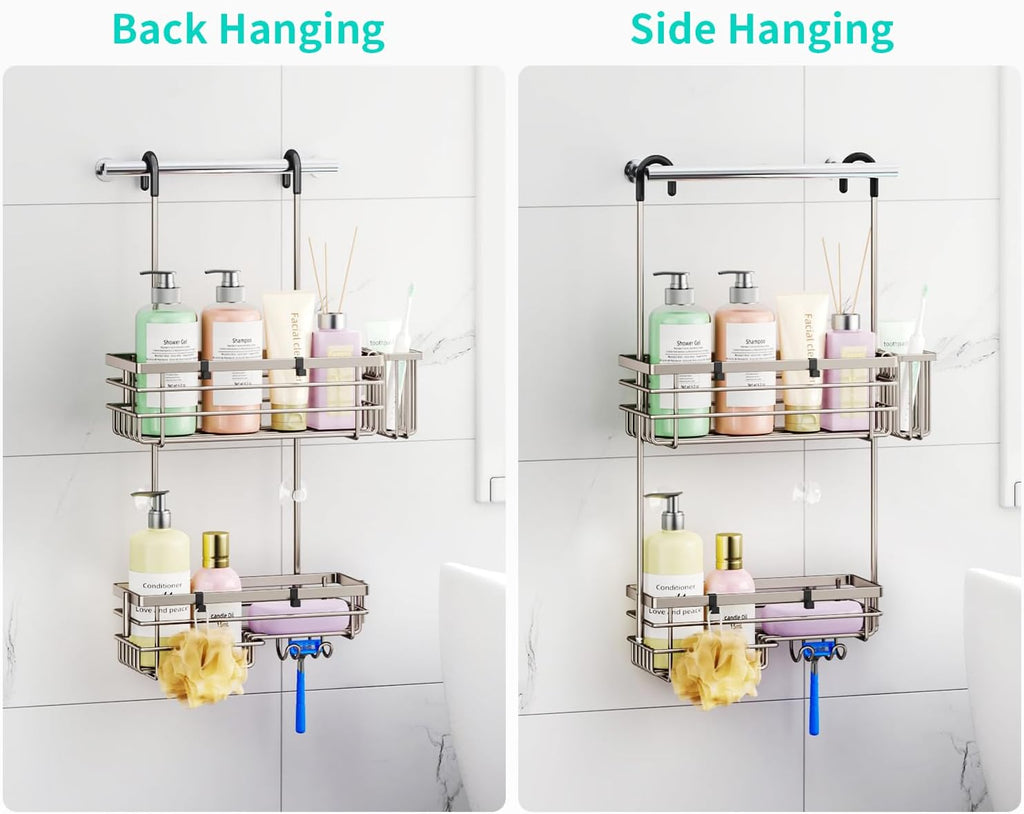 HapiRm Hanging Shower Caddy Organizer - No Drilling Shower Shelves with Hooks and Toothbrush Holder, Rustproof 304 Stainless Steel Bathroom Organizer - Brushed Nickel