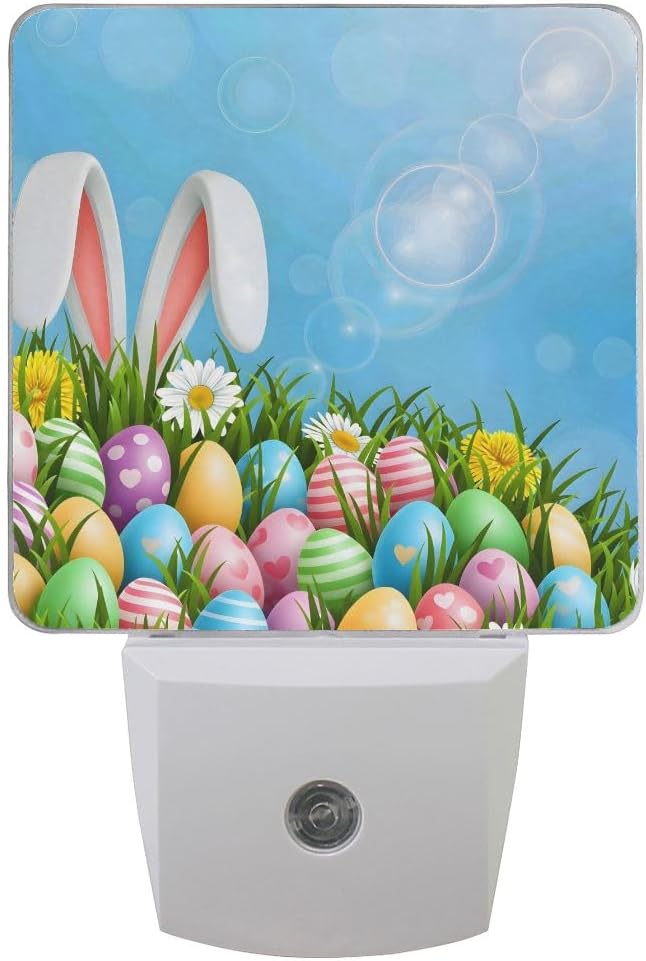 Easter Colorful Eggs Rabbit Night Light Set of 2 Nightlights Plug-in LED Nightlight Auto Dusk-to-Dawn Sensor Lamp for Bedroom Bathroom Home Decor
