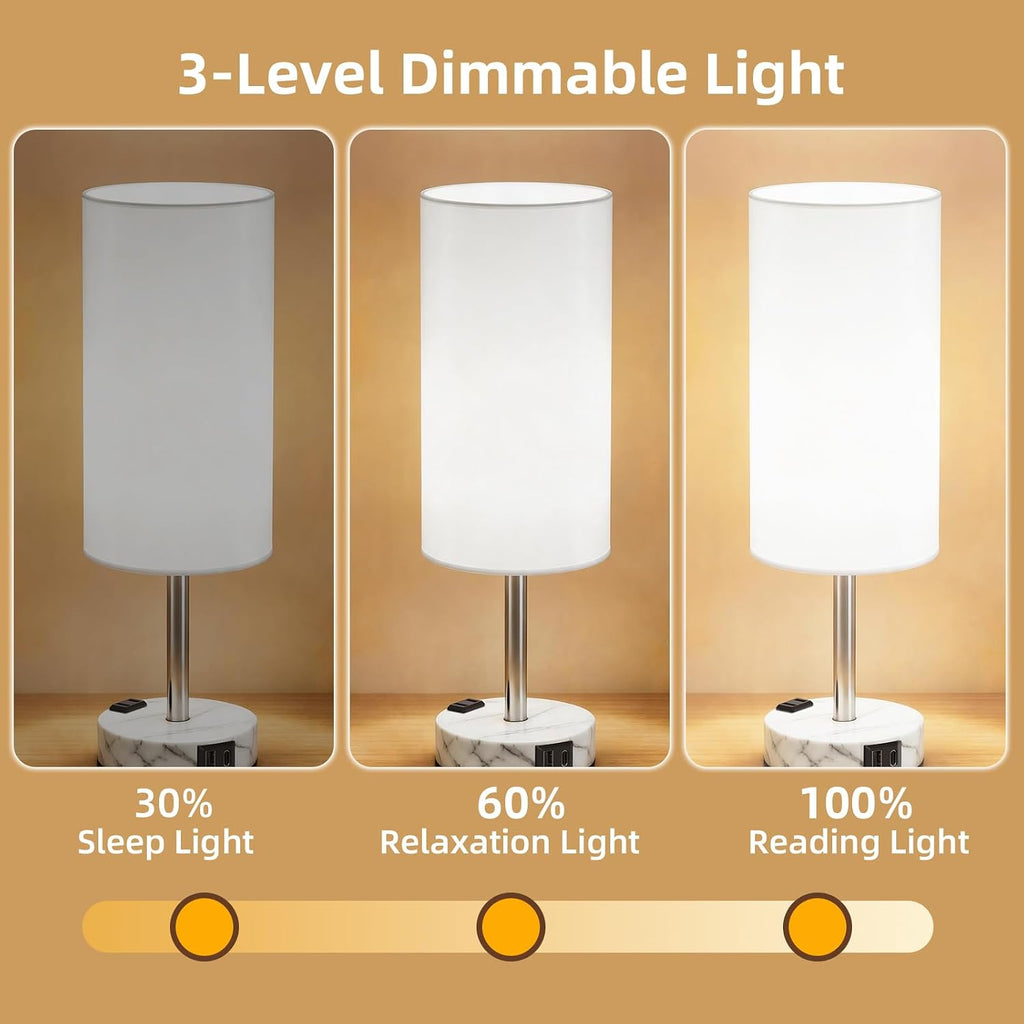 Table Lamp, Dimmable Touch, AC Outlet, USB A+C (White&Marble)