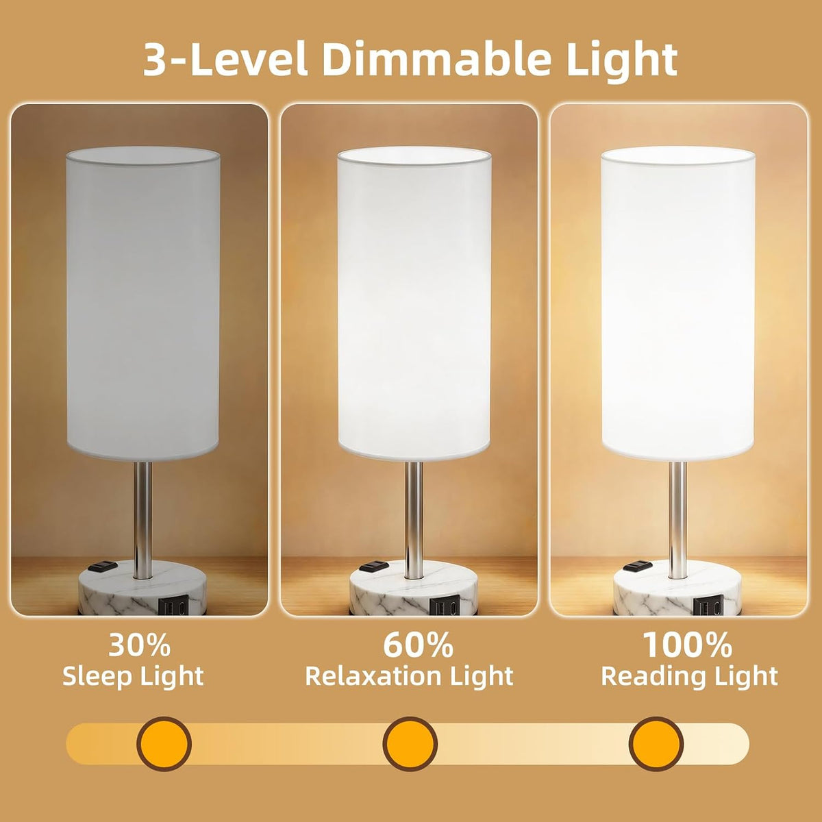 Table Lamp, Dimmable Touch, AC Outlet, USB A+C (White&Marble)