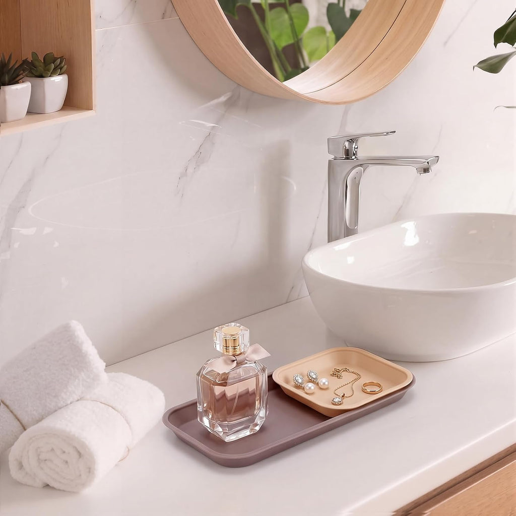 Wenqik 6 Pcs Mini Silicone Vanity Tray Bathroom Counter, Mocha, Linen, Tan