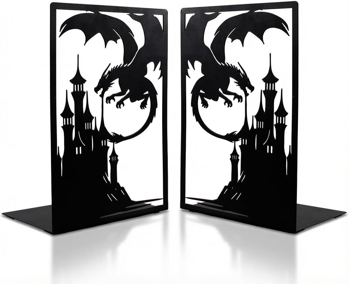 Gothic Dragon Bookends, Black Metal Castle Design, 7.1 x 4.7 Inch, Decorative Book Holders with Non-Slip Base, 2 Piece Set