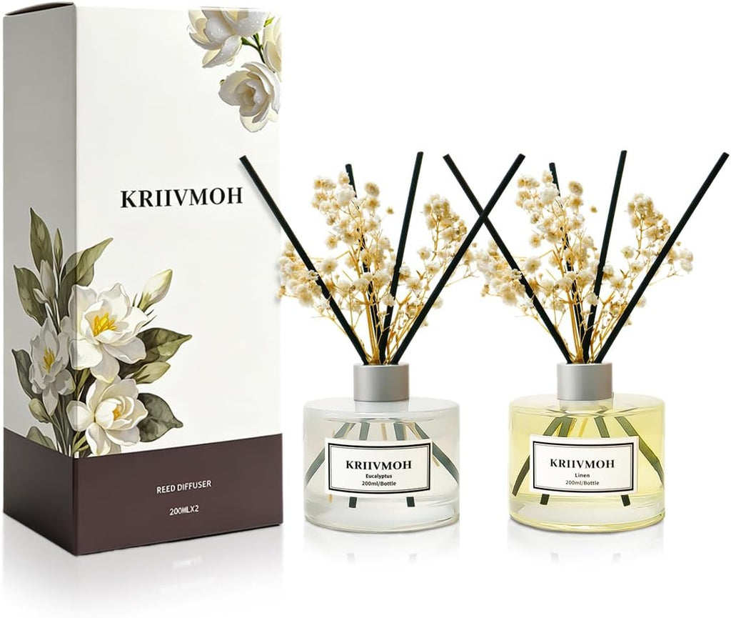 Reed Diffuser Set, 6.7 fl oz Eucalyptus Linen Scented Oil Diffuser with 8 Reed Sticks, Home Fragrance Reed Diffuser for Bathroom Shelf Decor 200ml