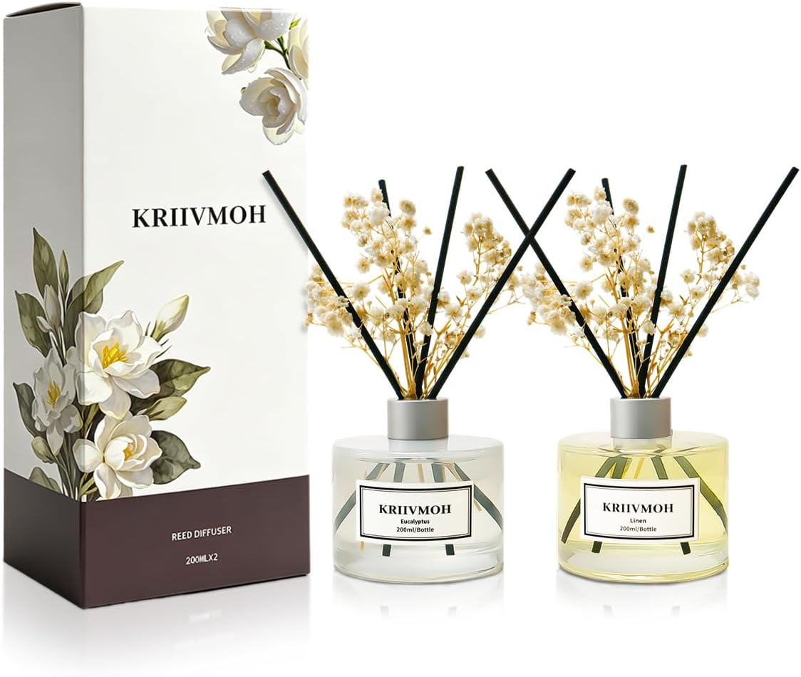 Reed Diffuser Set, 6.7 fl oz Eucalyptus Linen Scented Oil Diffuser with 8 Reed Sticks, Home Fragrance Reed Diffuser for Bathroom Shelf Decor 200ml