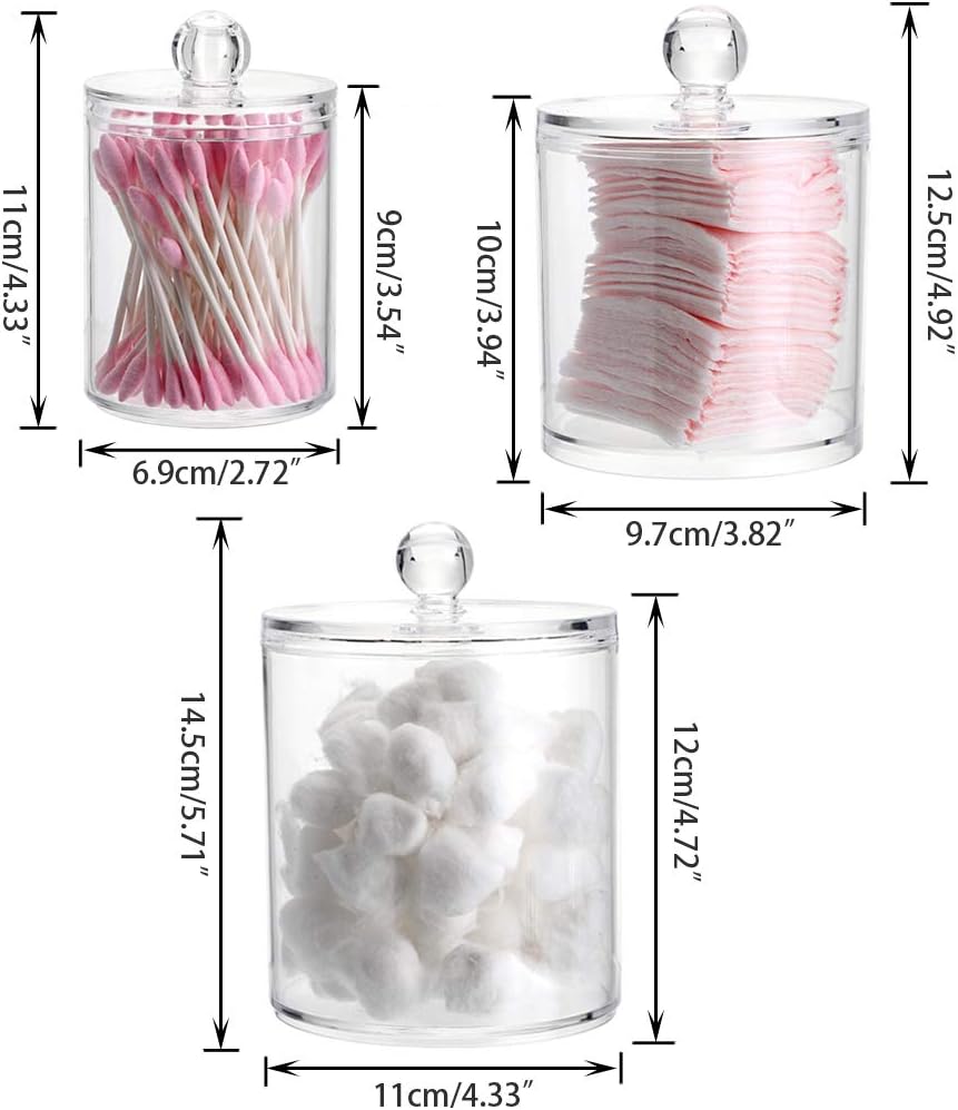 Hipiwe Set of 3 Cotton Ball and Swab Organizer Acrylic Q-Tips Jar with Lid