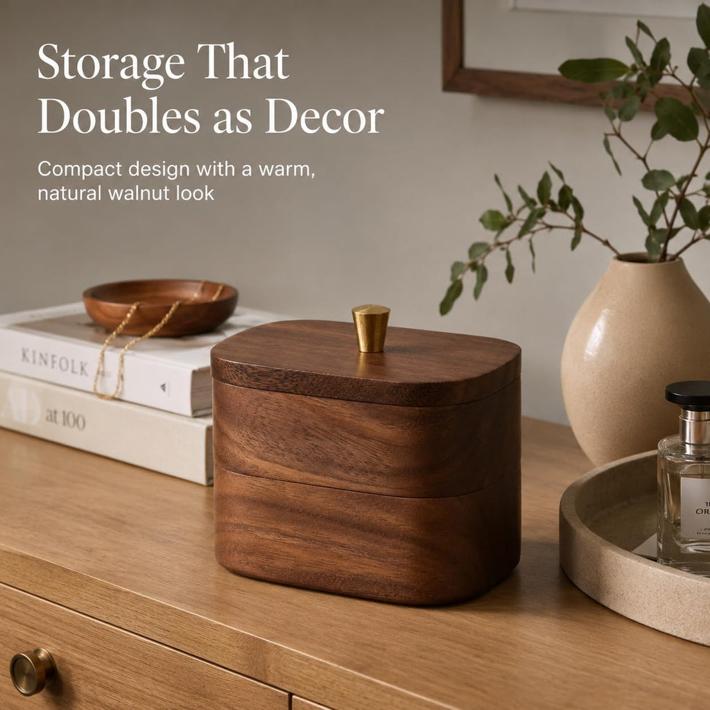 Solid Walnut Bathroom Canister, Cotton Swab and Floss Pick Holder