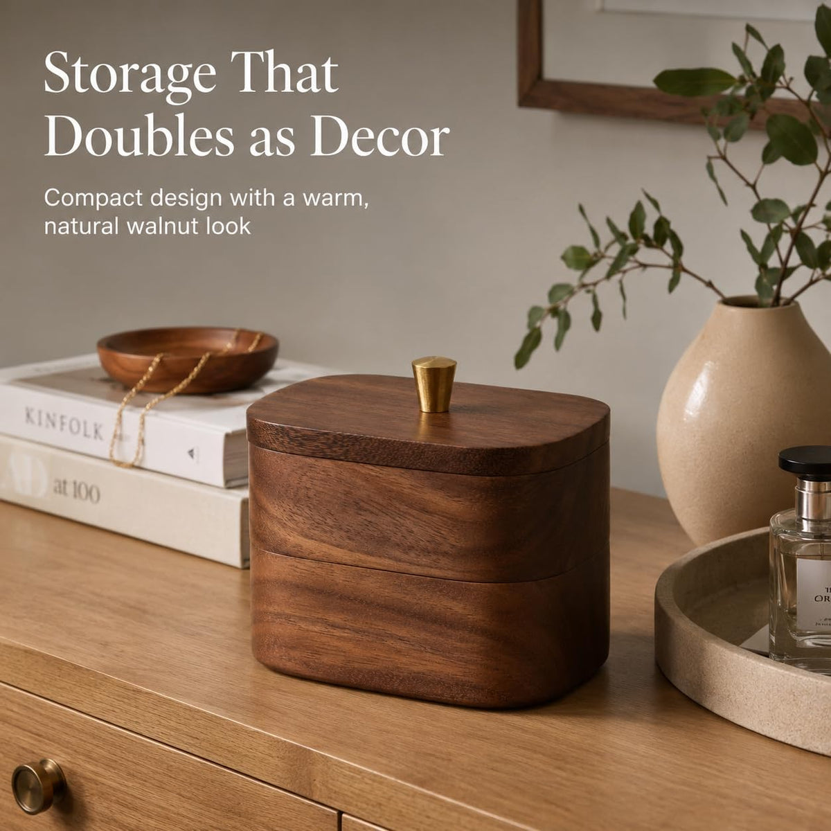 Solid Walnut Bathroom Canister, Cotton Swab and Floss Pick Holder