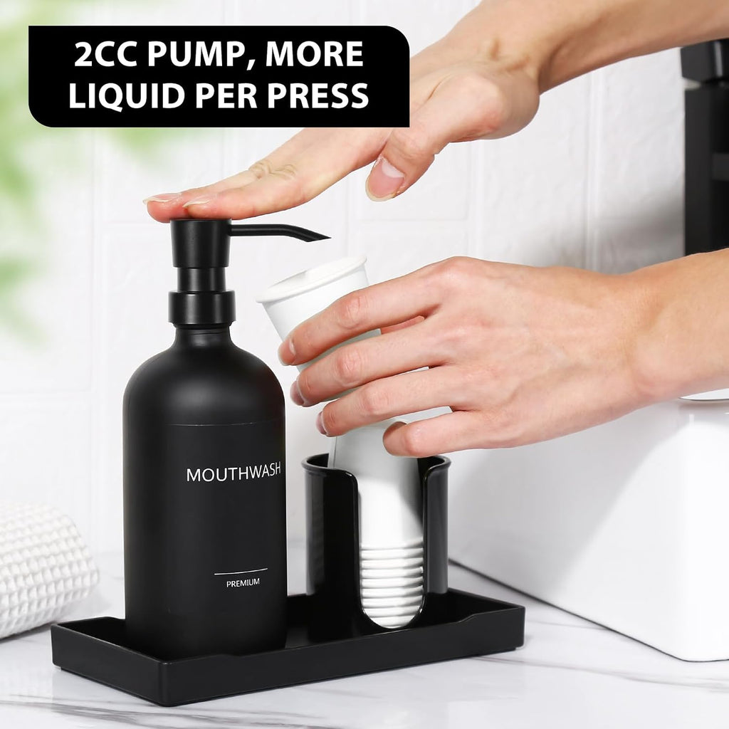 Mouthwash Dispenser for Bathroom, Glass Mouth Wash Pump Dispenser with Cup Holder, 17 Fl Oz Mouthwash Bottle Decanter with Tray, Refillable Mouthwash Dispenser Container (Matte Black)