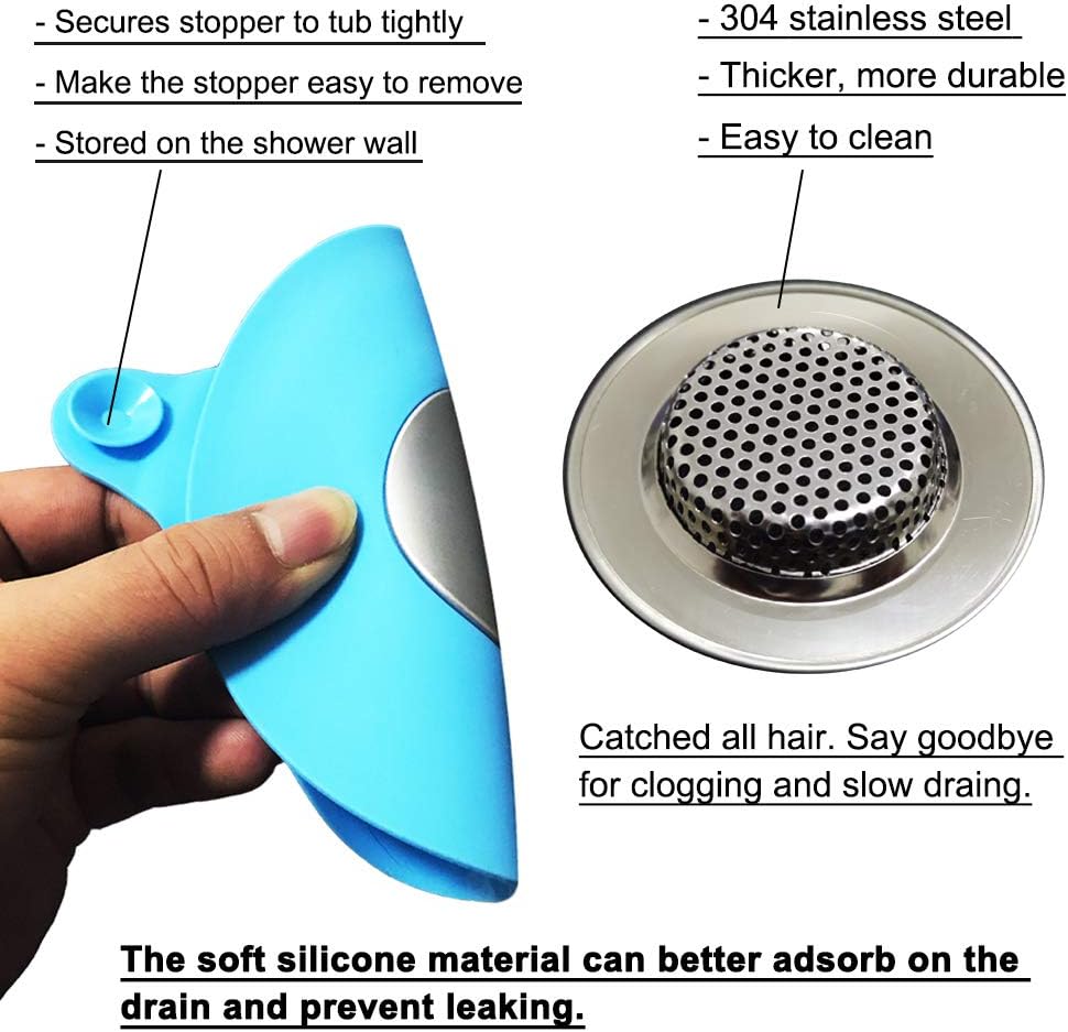 Seatery 2PCS Bathtub Stopper Hair Catcher Kit, Bathtub Drain Strainer, Tub Stopper Plug Cover, Sink Filter, Silicone Drain Stopper for Bathroom, Laundry (Blue)
