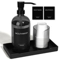 Mouthwash Dispenser for Bathroom, Glass Mouth Wash Pump Dispenser with Cup Holder, 17 Fl Oz Mouthwash Bottle Decanter with Tray, Refillable Mouthwash Dispenser Container (Clear Black)