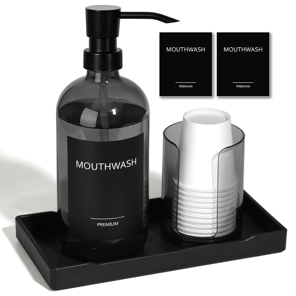 Mouthwash Dispenser for Bathroom, Glass Mouth Wash Pump Dispenser with Cup Holder, 17 Fl Oz Mouthwash Bottle Decanter with Tray, Refillable Mouthwash Dispenser Container (Clear Black)