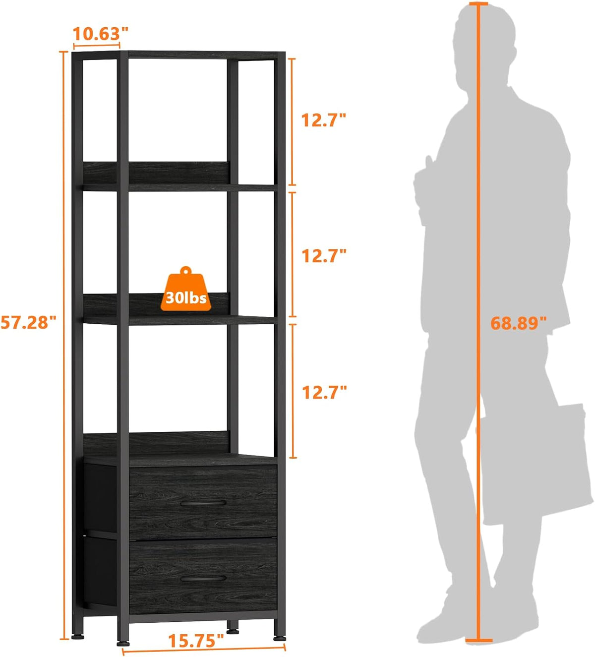 Furnulem 4 Tier Corner Shelf,Black Narrow Bookshelf with 2 Storage Drawers