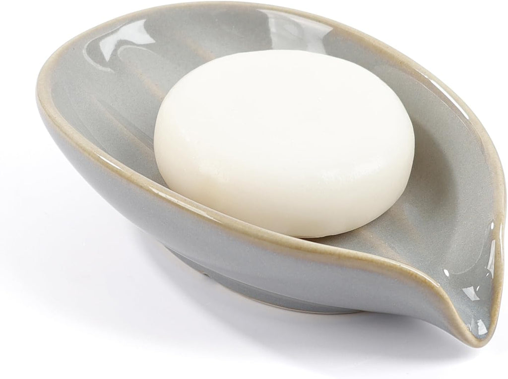 Soap Holder, Self-Draining Soap Dish, Leaf Shape Ceramic Bar Soap Holder Drain Soap Dishes for Bathroom Sink Kitchen, Easy to Clean Keeps Soap Dry, ANTIS'S HOME