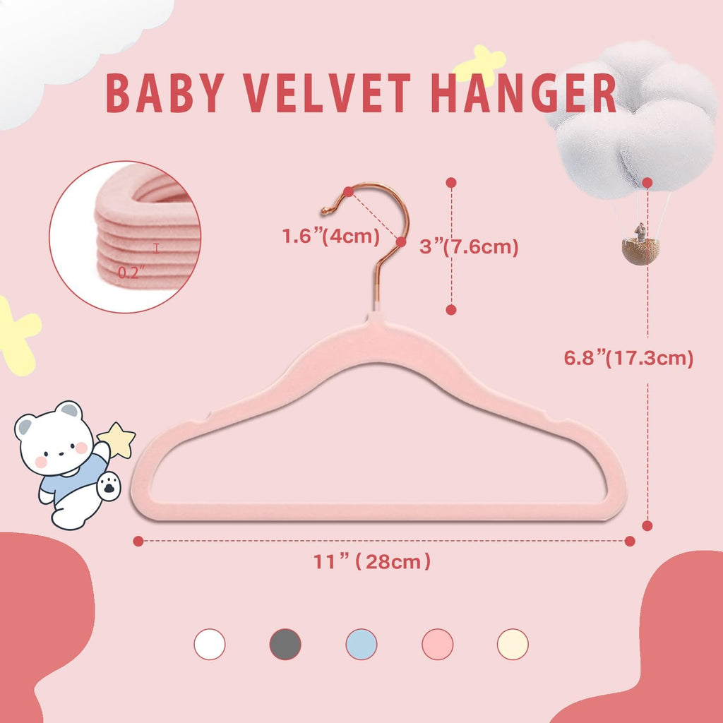 Baby Velvet Hangers, 32 Packs Kids Clothes Hangers, Non-Slip Childrens Hangers with Shoulder Notches, Storage Organizer for Infant and Toddler, 11 Inch, 0.2 Inch Slim, Rose Gold Hook, Pink
