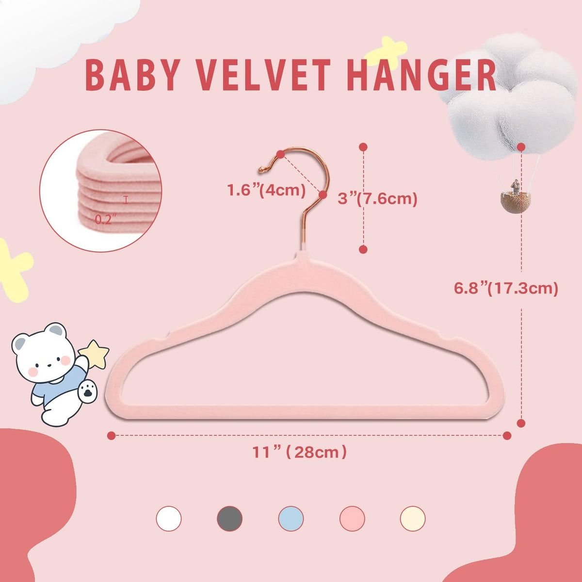 Baby Velvet Hangers, 32 Packs Kids Clothes Hangers, Non-Slip Childrens Hangers with Shoulder Notches, Storage Organizer for Infant and Toddler, 11 Inch, 0.2 Inch Slim, Rose Gold Hook, Pink
