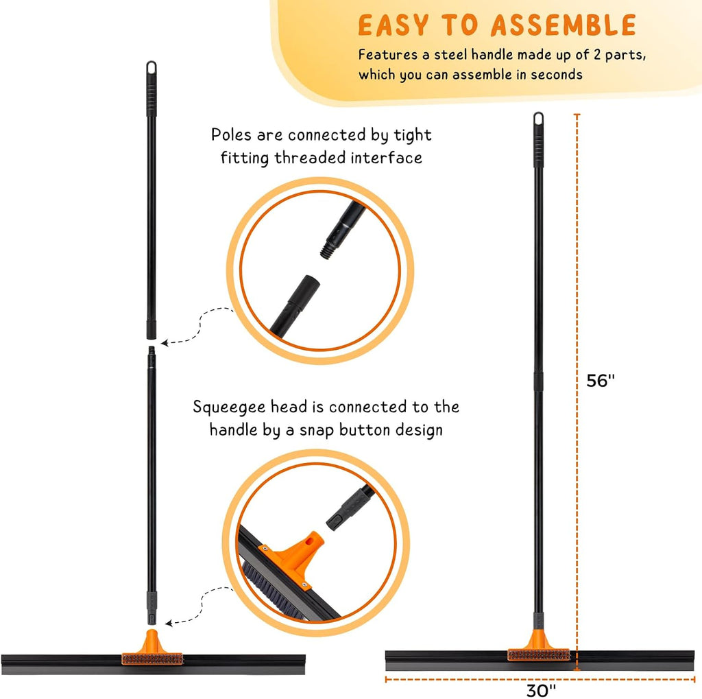 Floor Squeegee Broom, 56’’ Long Handle Water Wiper with Small Brush, 30'' Large Heavy Duty Household Squeegee for Concrete, Epoxy, Garage, Deck Cleaning