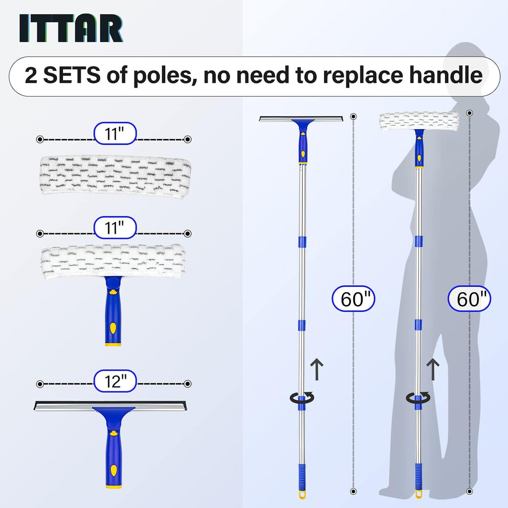 ITTAR Window Squeegee with 2 Sets Separate Pole, 12" Rubber Squeegee and 11" Microfiber Pads, 60"-73.6" Telescopic Window Cleaning Kit with Rotating Head for High Windows, Shower Glass, Car Windshield